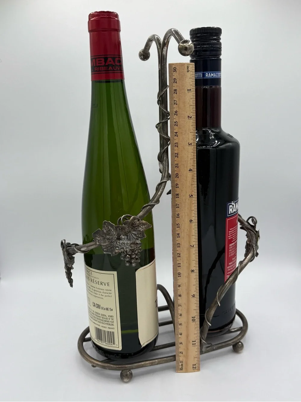 Vintage Grapevine Double Wine Bottle Holder Silver Tone Metal Caddy
